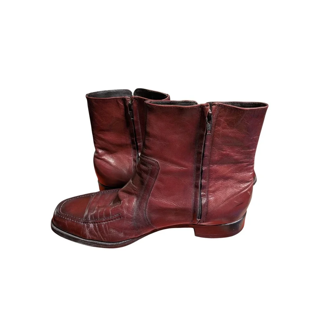 Florsheim Mens Burgundy Leather Side Zip Moc Toe Ankle Boots Vintage Style